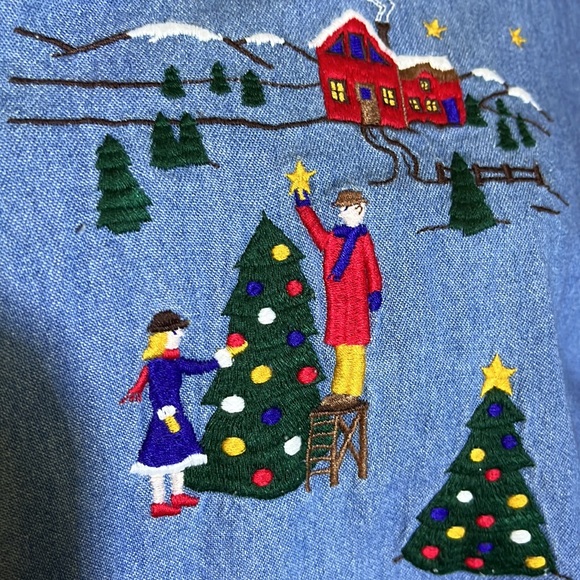 KAREN SCOTT sz 2X Denim Shirt Embroidered Christmas Holiday Cotton Kitsch Winter - Picture 11 of 16